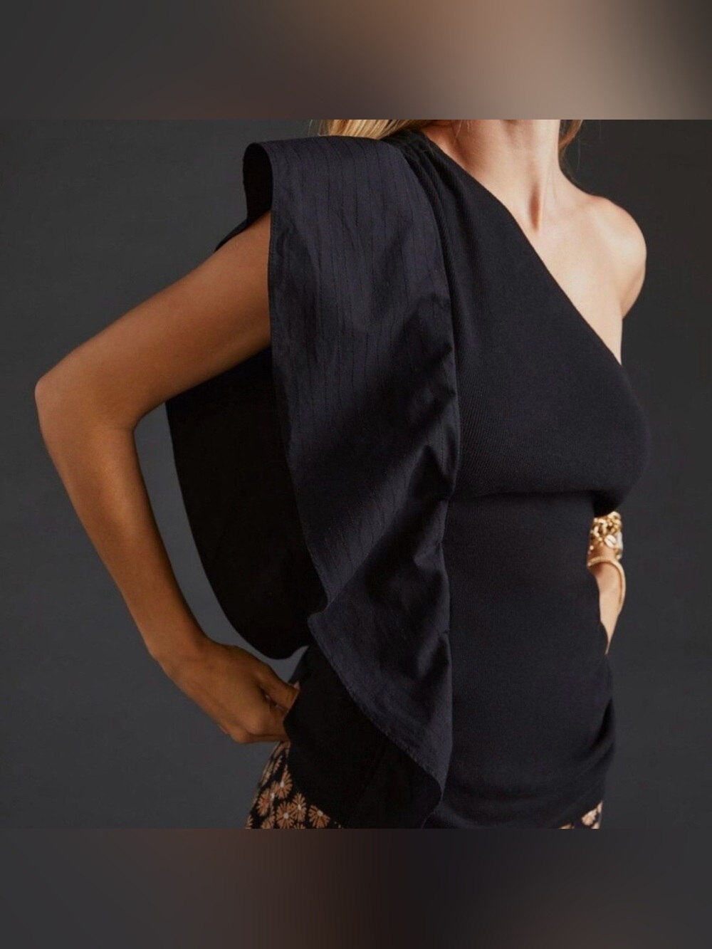 Anthropologie One-Shoulder Mixed Media Black Ruffle Top